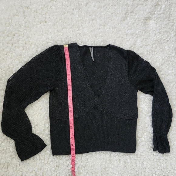 Anthropologie Sz L Metallic V-Neck Twofer Sweater Black Woven Sleeve Chic Night - Picture 11 of 15